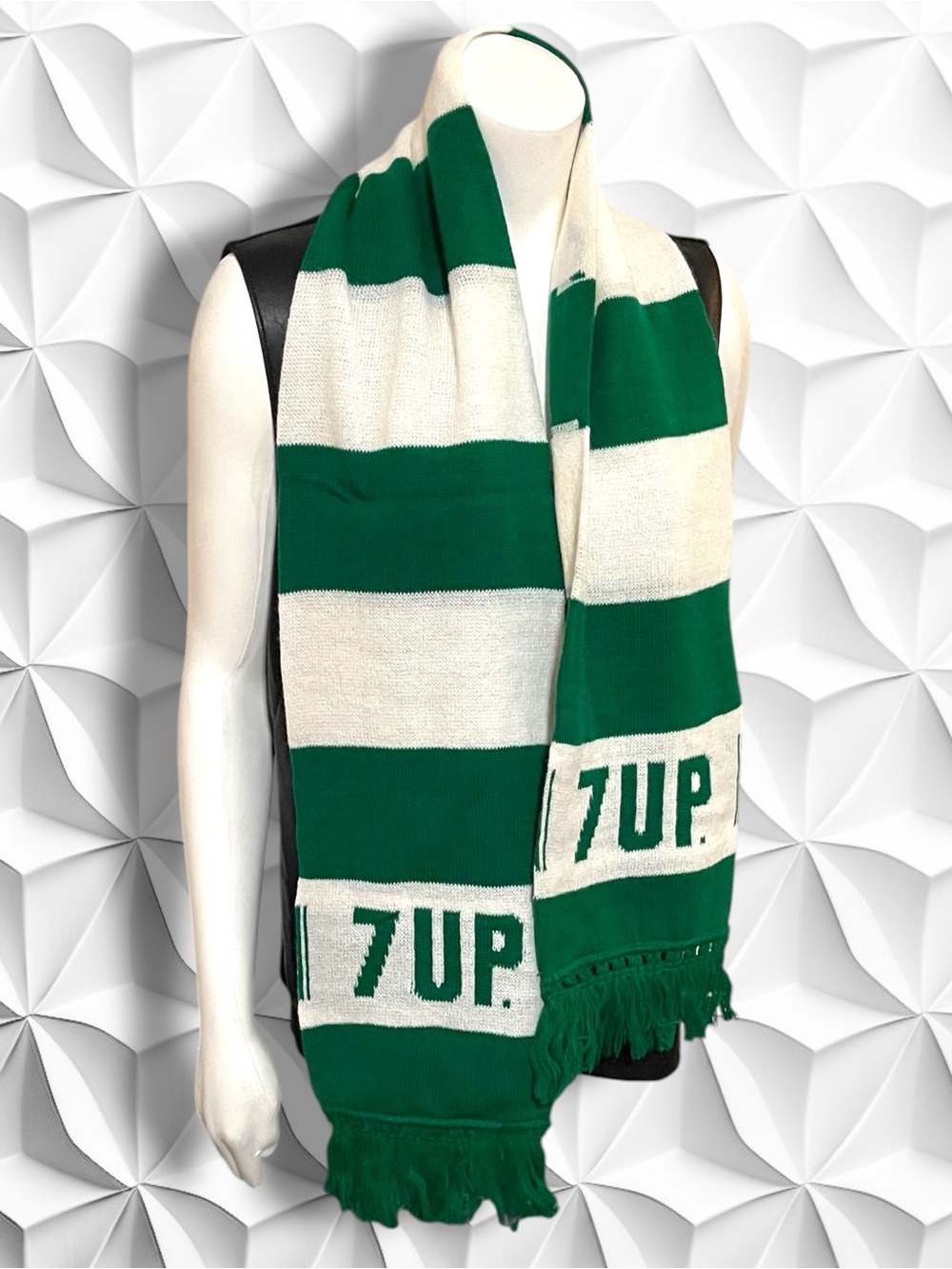 Vintage 7-Up Striped Knit Scarf Green White Fringed Retro 70s 80s Soda Promo